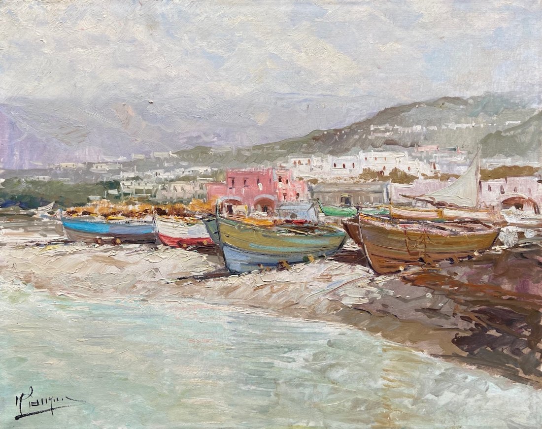 Impressionist Painting Of Boats, Illegible Signatue: European. 20th century. Oil on canvas 20 x 16 in.