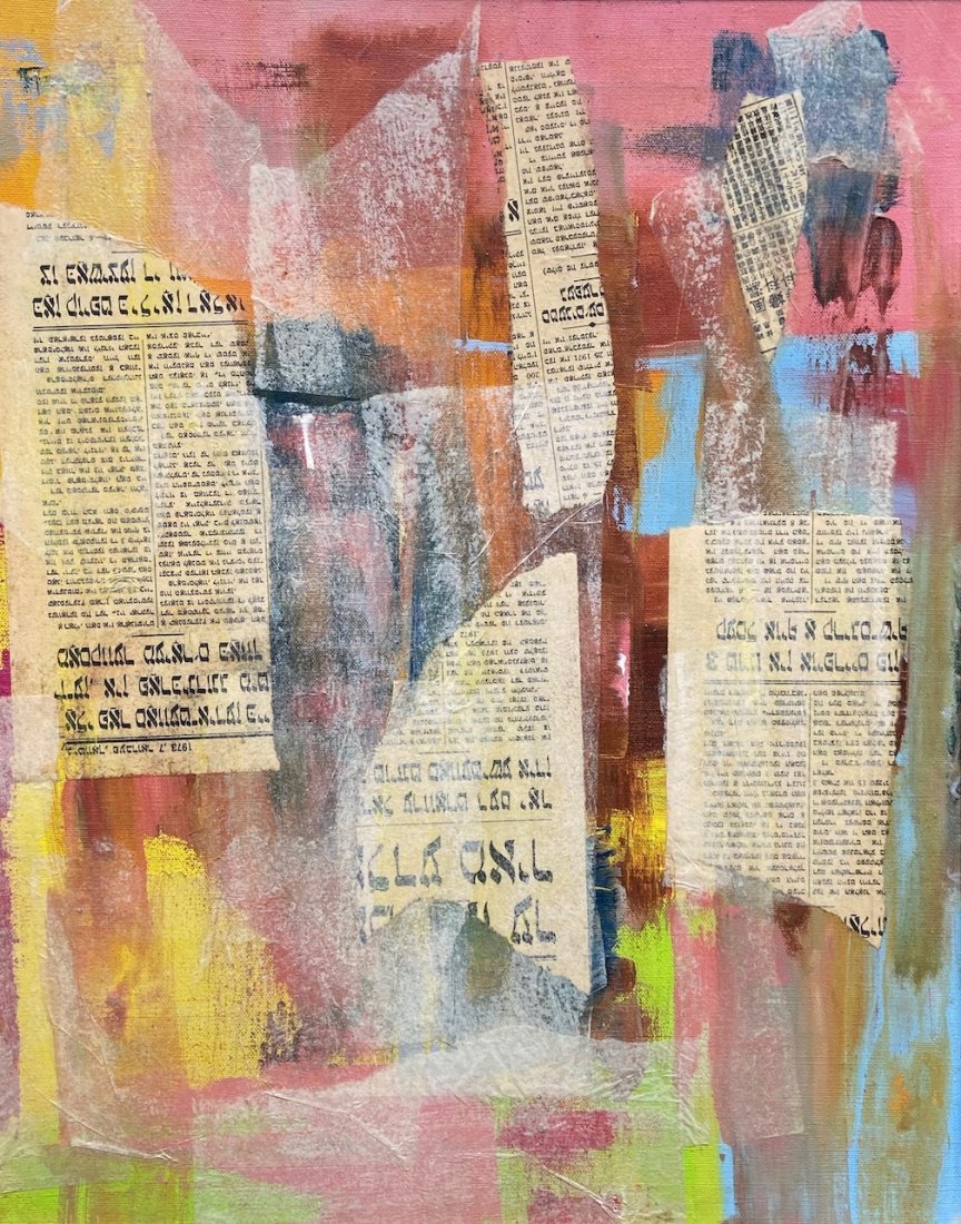 Israeli Abstract Expressionist Painting, Unknown Artist: Oil and collage on canvas 20 x 16 in.