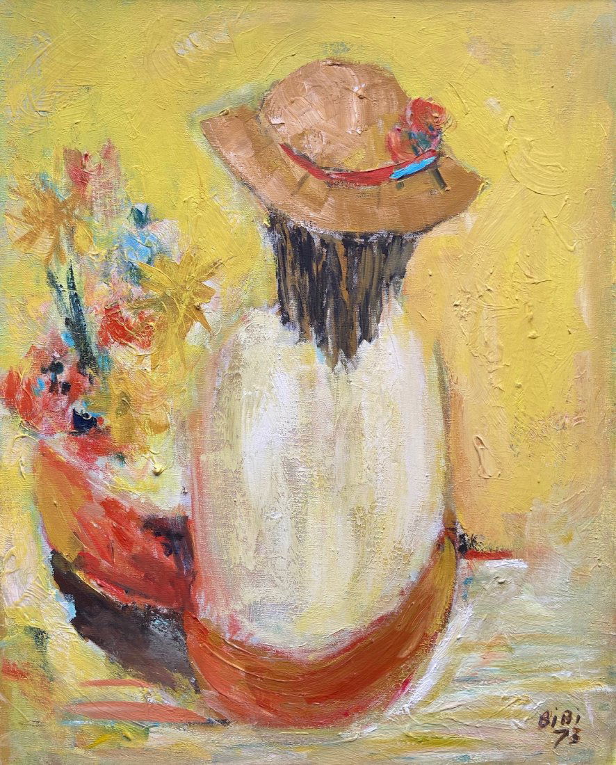 Modernist Interior Floral Scene Signed BiBI 1973: Style of Le Pho. Oil on canvas 30 1/2 x 24 1/2 in.