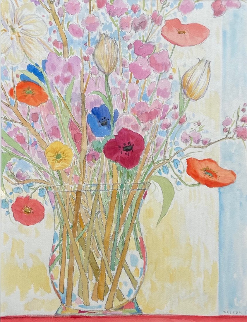 HENRI LEOPOLD MASSON (1907-1996, Ontario) Still Life: Watercolor on paper 23 x 17 1/2 in., 31 1/4 x 25 3/4 in. He was born in Belgium in 1907. He studied at Athénée Royale in Brussels. On its arrival in Canada, he joined a printing studio in Ottawa. He
