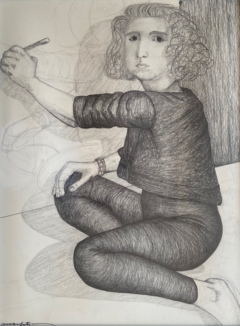 SUSAN FRITZ (20th c, American) Mod Portrait: Graphite on paper 40 1/4 x 30 1/4 in. (framed).