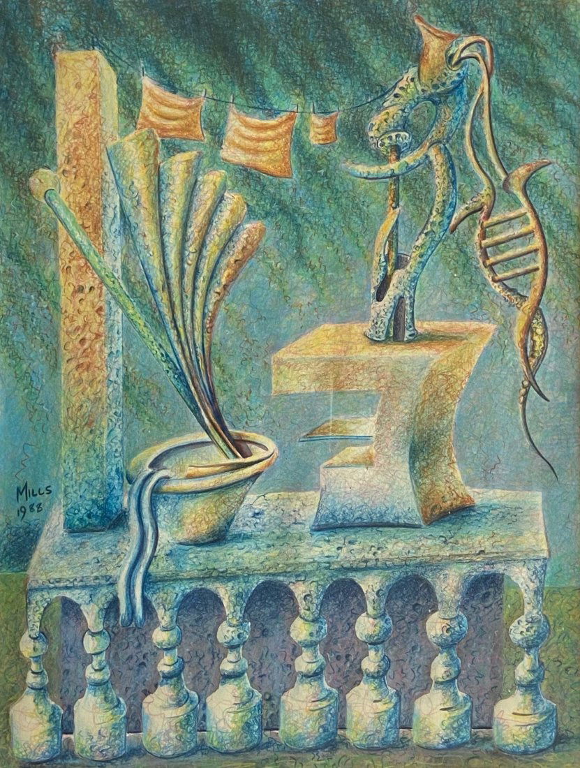 Surrealist Colored Drawing Signed Mills 1988 (1 of 3)