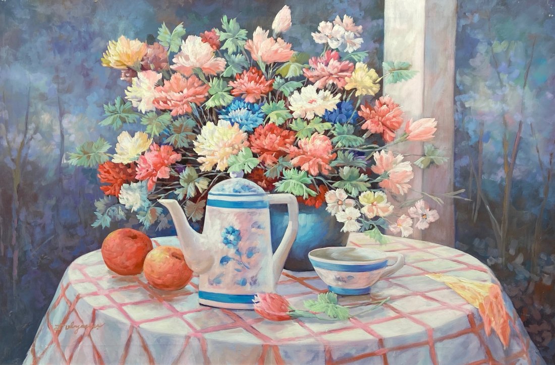 Impressionist Still Life, Signed, Unknown Artist: Oil on canvas 30 x 24 in., 40 1/4 x 28 1/4 in.