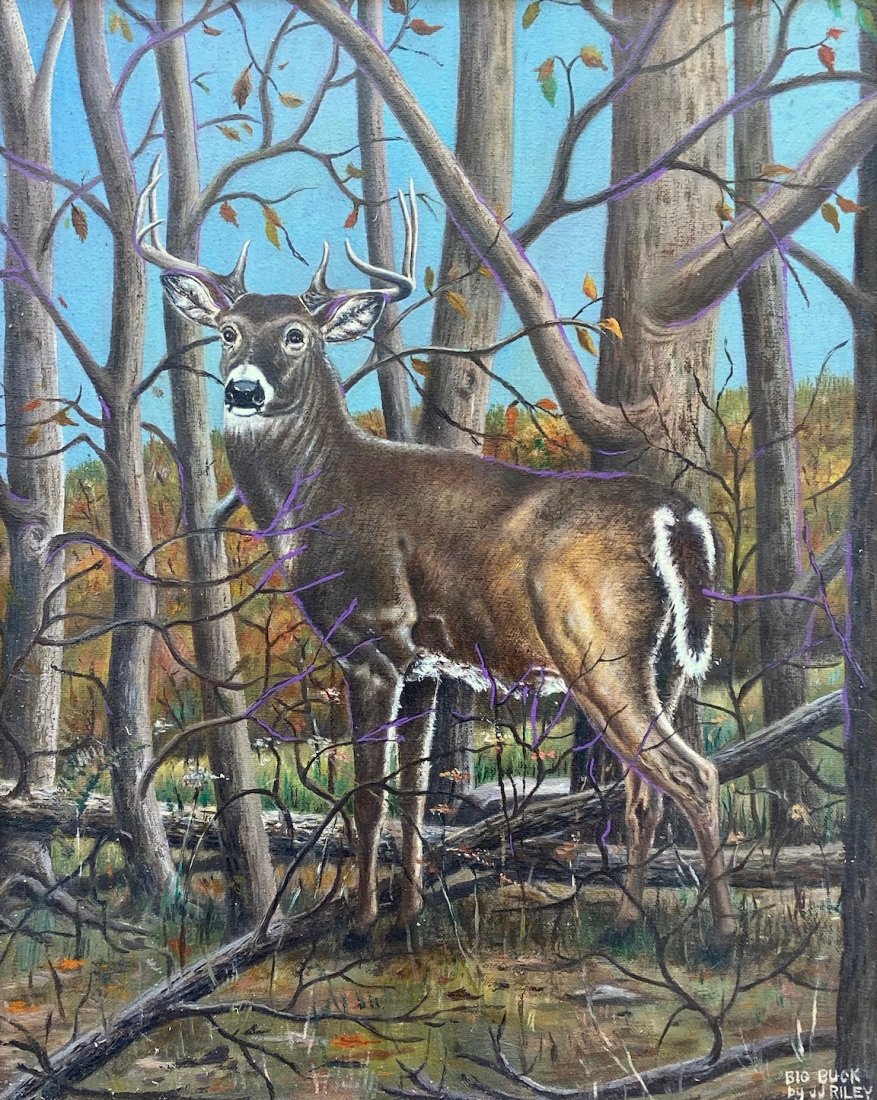 JJ RILEY (20th c, American) Big Buck: Whitetail deer in landscape. Oil on canvas 20 x 16 in., 25 x 21 in. (framed)