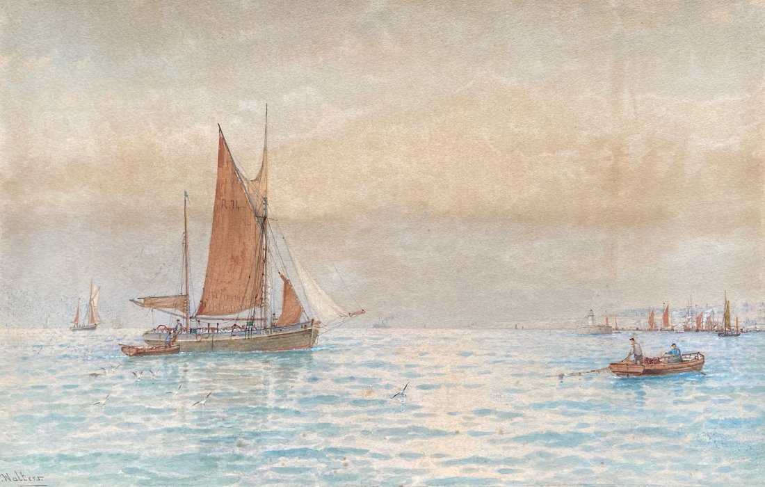 GEORGE STANFIELD WALTERS (1838-1924, UK) Marine: Watercolor on paper 19 3/4 x 12 1/2 in. From askart.com: George Stanfield Walters was born in 1838 and died in 1924. A marine and coastal painter, he was grandson to ship portraitist Miles Walters, an