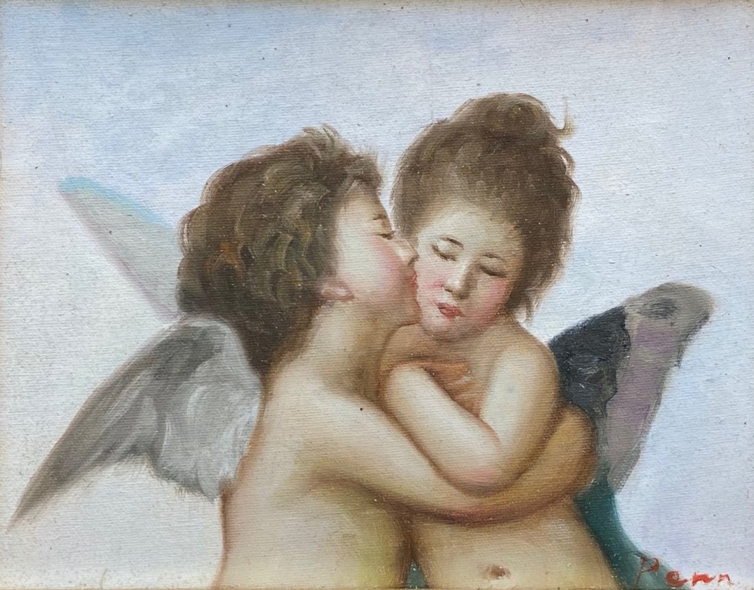 Impressionist Painting Of Cherubs, Signed: Possibly Penn? Oil on board. 13 1/2 x 11 1/2 in.