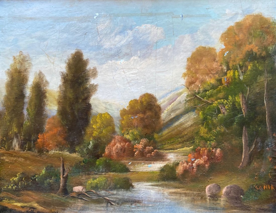 American Impressionist Landscape, Signed: Possibly Sonia? Oil on board 20 x 16 in., 23 1/2 x 19 1/2 in. (framed).
