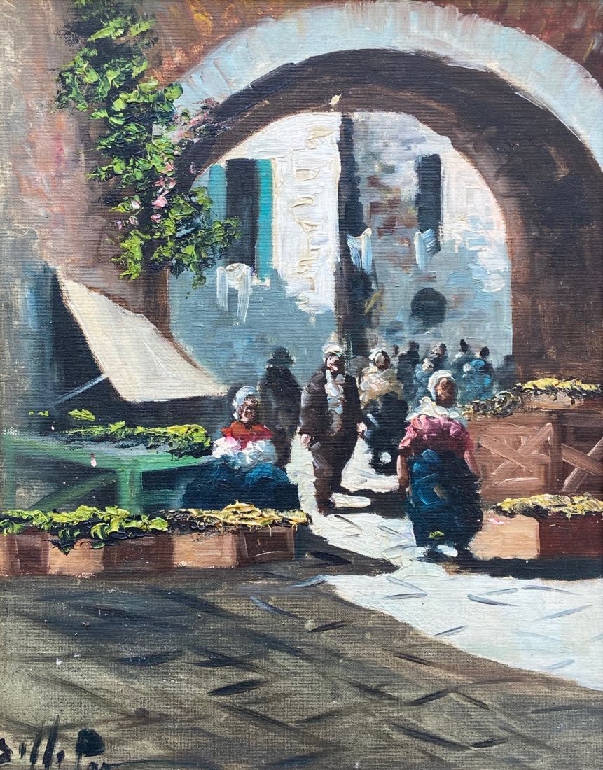 Impressionist European Street Scene Illegible Signature: Oil on board 18 1/2 x 14 1/2 in., 24 x 20 in.