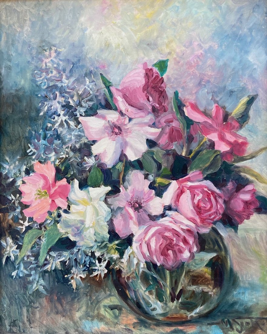 Impressionist Floral Still Life Signed M. Stokes: Oil on canvas board 20 x 16 in., 23 x 19 in. (framed)