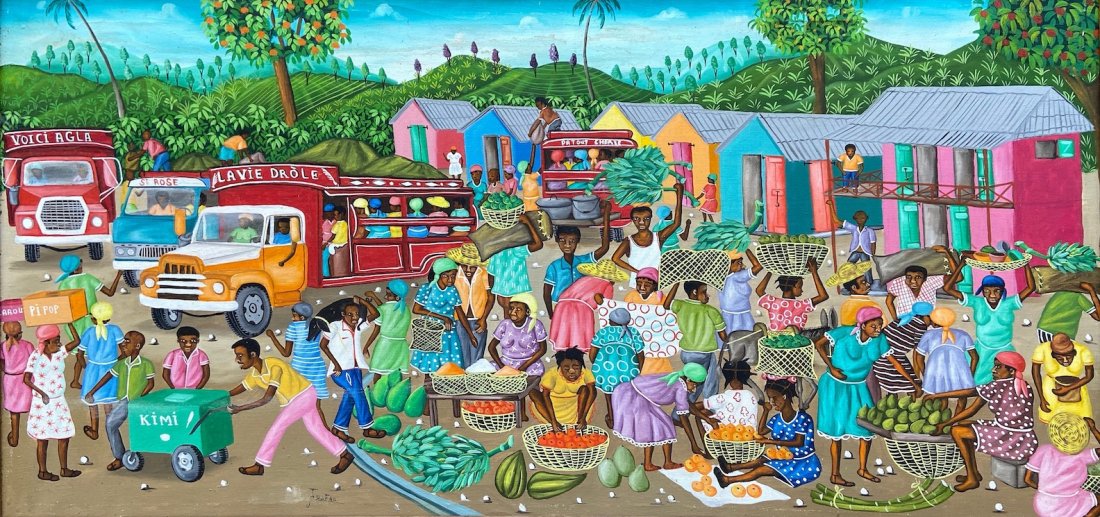 Large Haitian Market Scene, Signed Oil On Canvas (1 of 4)