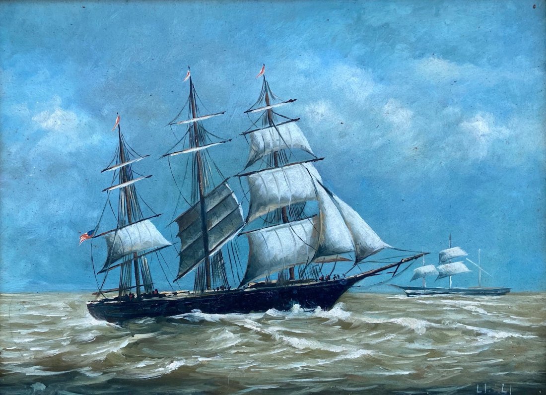 20th Century Marine Scene Of A Clipper Ship, Signed: Oil on wood 16 x 12 in., 22 1/4 x 18 1/4 in. (framed)