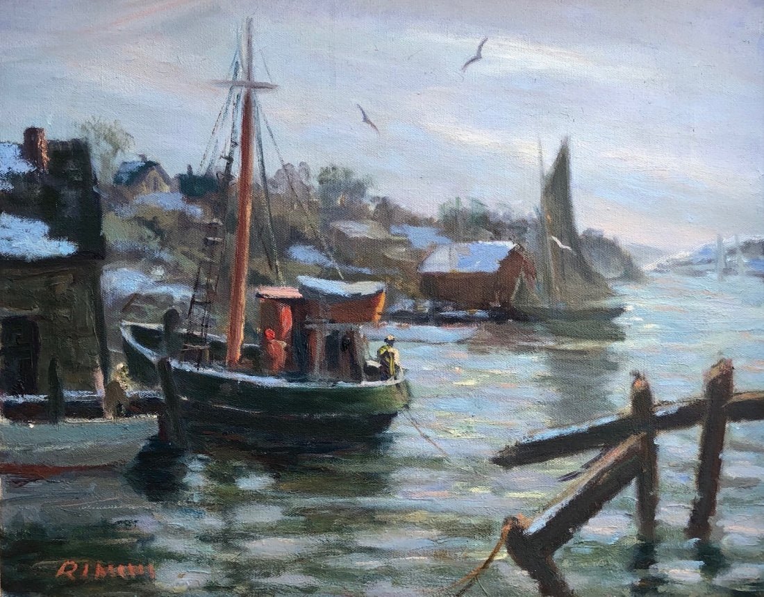 JOSEPH RIMINI (1920-2000, Massachusetts) Harbor: Possibly Rockport or Gloucester. Oil on canvas 20 x 16 in., 28 1/4 x 24 1/4 in. (framed)