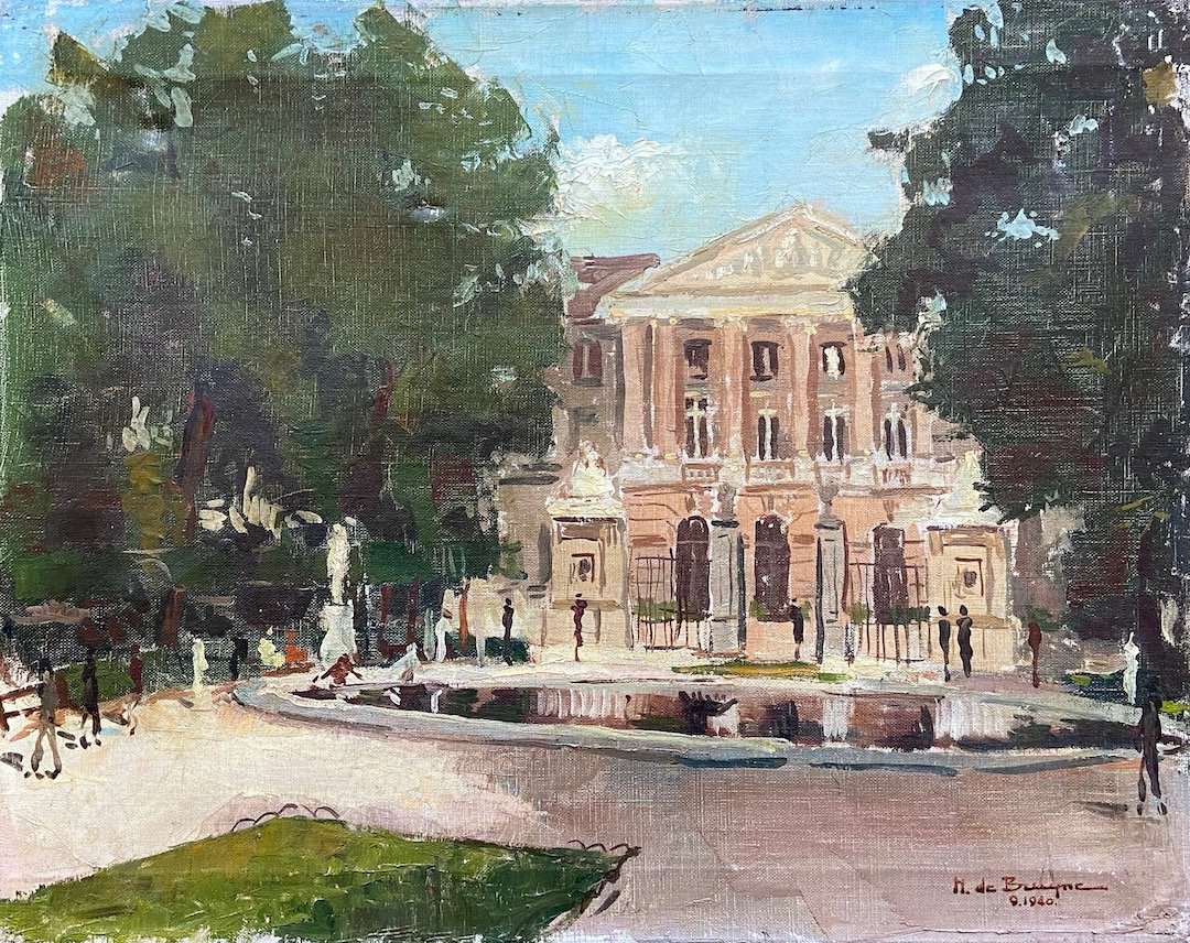 Impressionist Courtyard Scene, Signed De Bruyne 1940: Oil on canvas 20 x 16 in.