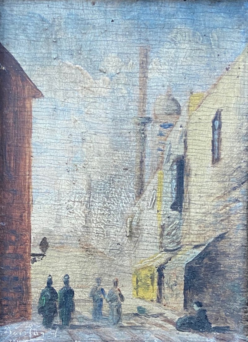 Impressionist Orientalist Street Illegible Signature: Oil on wood 4 1/4 x 3 1/4 in.