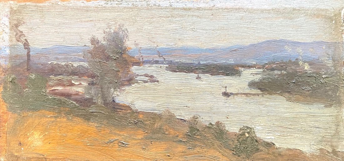 Early 20th Century Impressionist Danube River Landscape: Oil on wood 6 1/2 x 3 1/2 in.