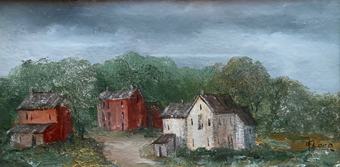 Impressionist Landscape Watercolor, Signed Flood: Watercolor on paper 7 x 3 1/2 in. (sight), 14 1/4 x 12 1/4 in. (framed)