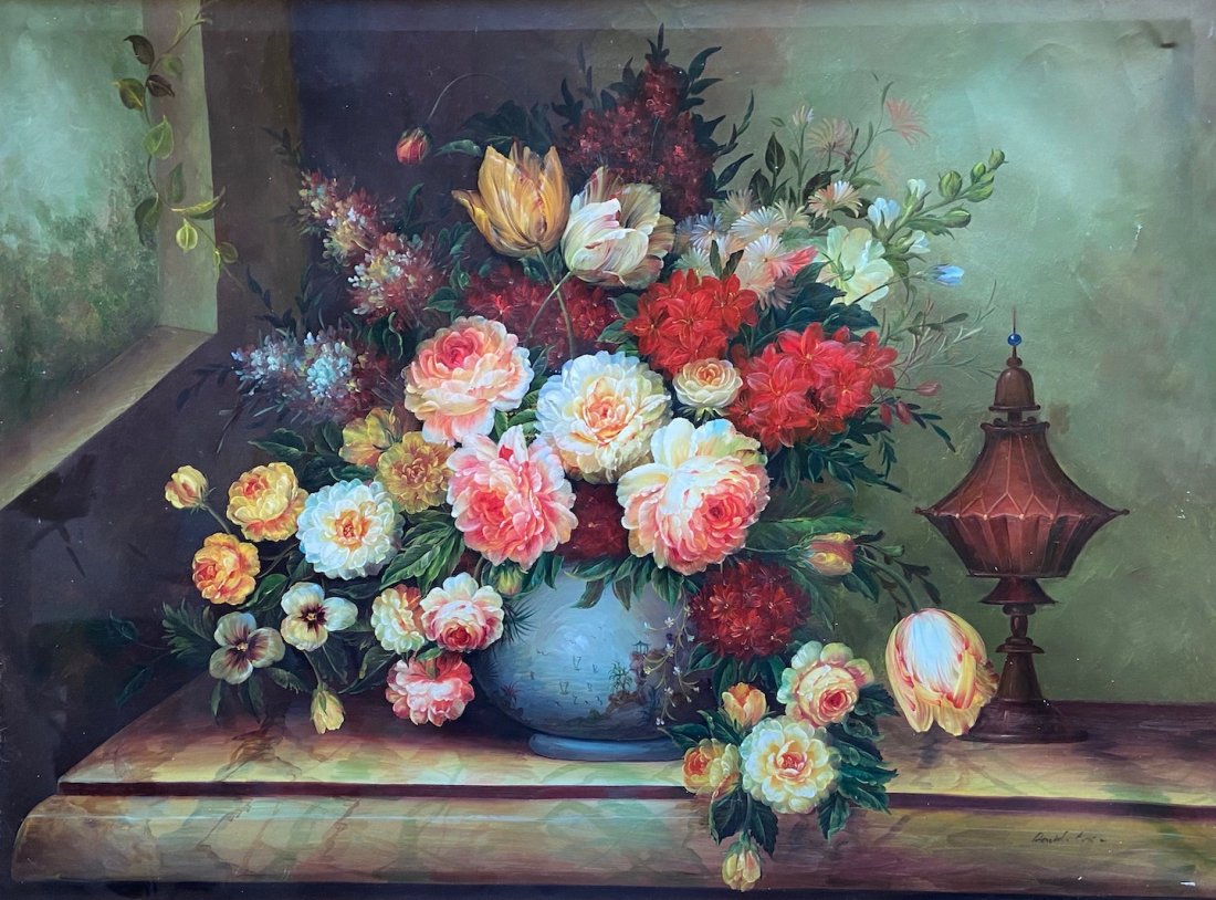 DAVID COX (20th c, American) Still Life Of Flowers: Oil on canvas 48 x 36 in., 55 x 43 in. (framed)