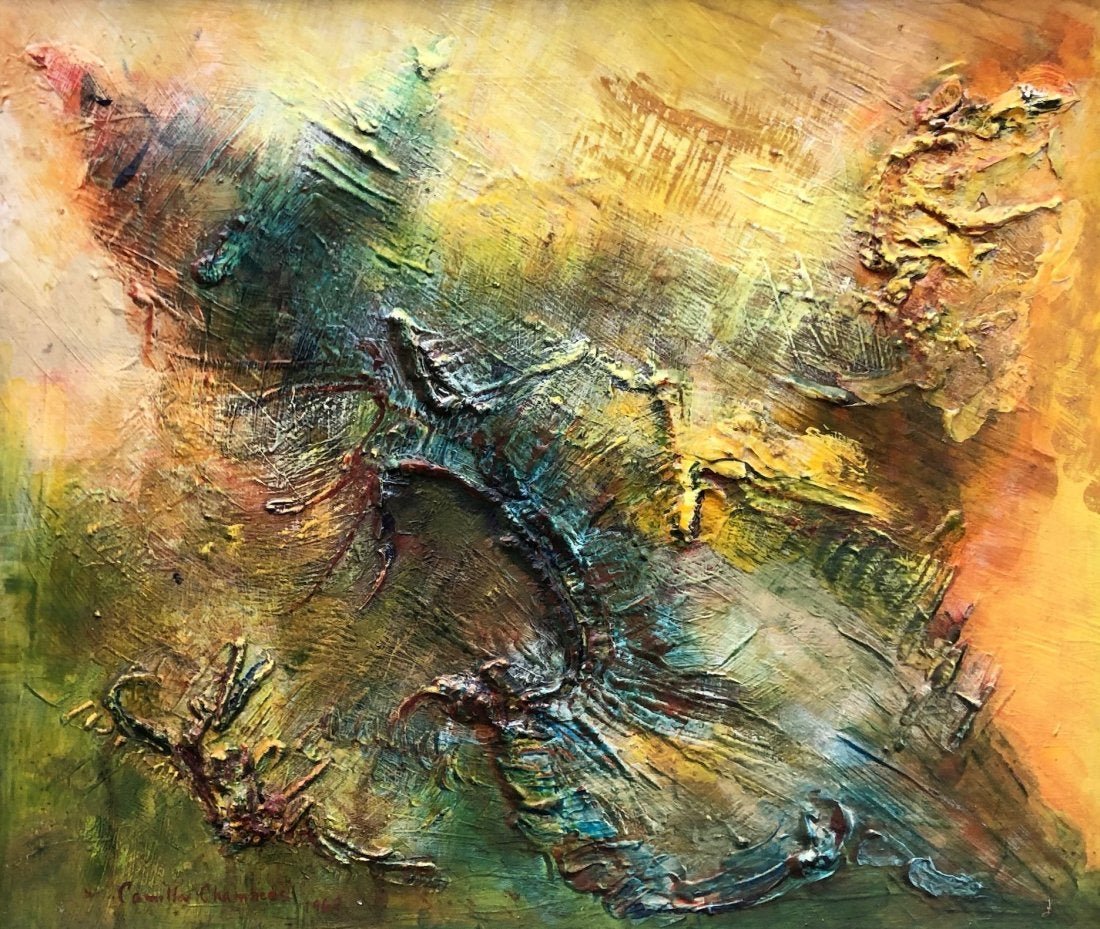 CAMILLA CHAMBERS (20th c, New York) Abstract: Woman artist. Abstract expressionist. Added is a photo of the artist from Freda Leinwand of Harvard University. Oil on masonite 15 3/4 x 18 1/4 in., 25 3/4 x 23 in. (framed).