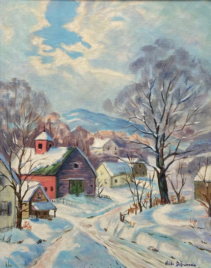 HILDA DIFRUMMOLO (20th c, American) Winter Landscape: Pennsylvania artist. Oil on canvas 20 x 16 in., 24 x 20 in. (framed)