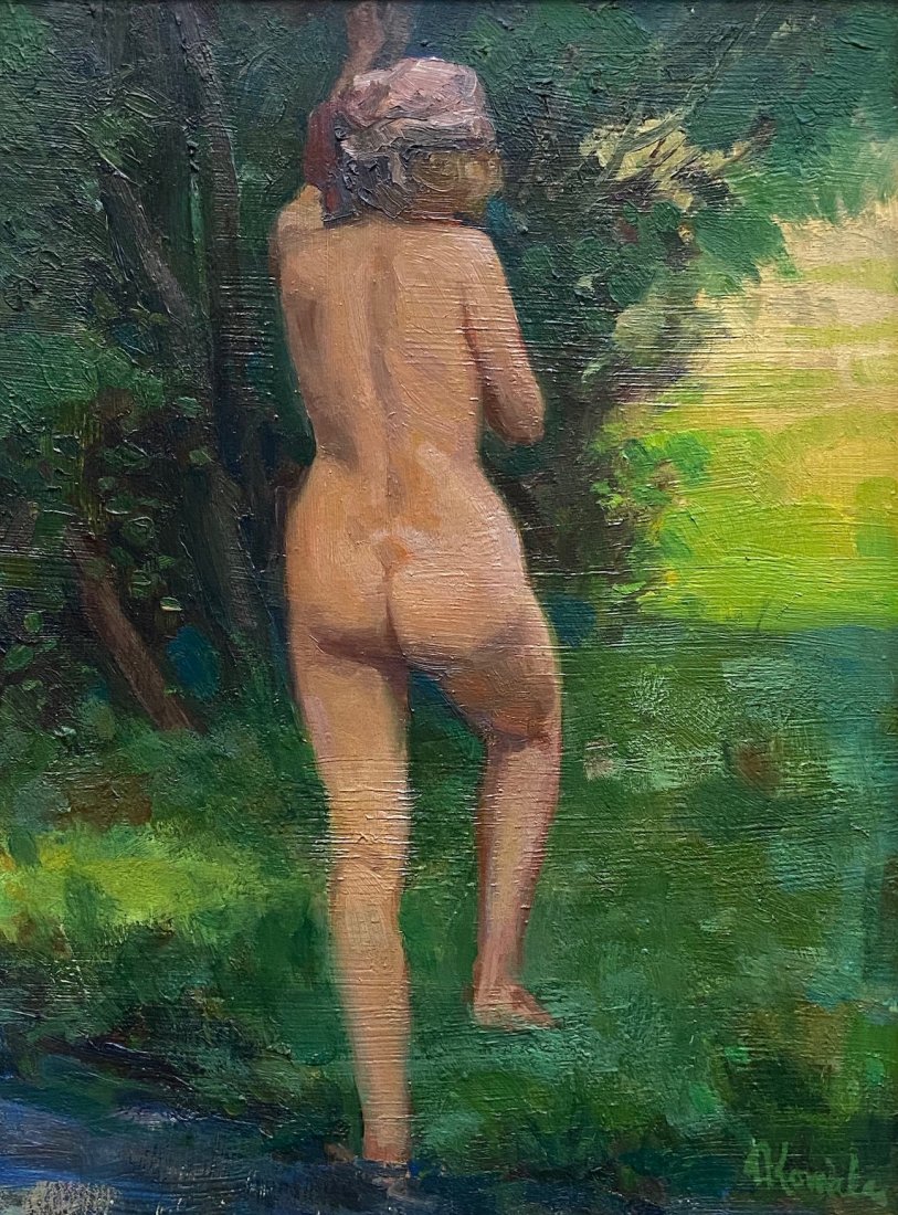 Impressionist Nude In landscape, Unknown Artist: Oil on masonite, 12 x9 in., 20 1/4 x 17 1/4 in. (framed).