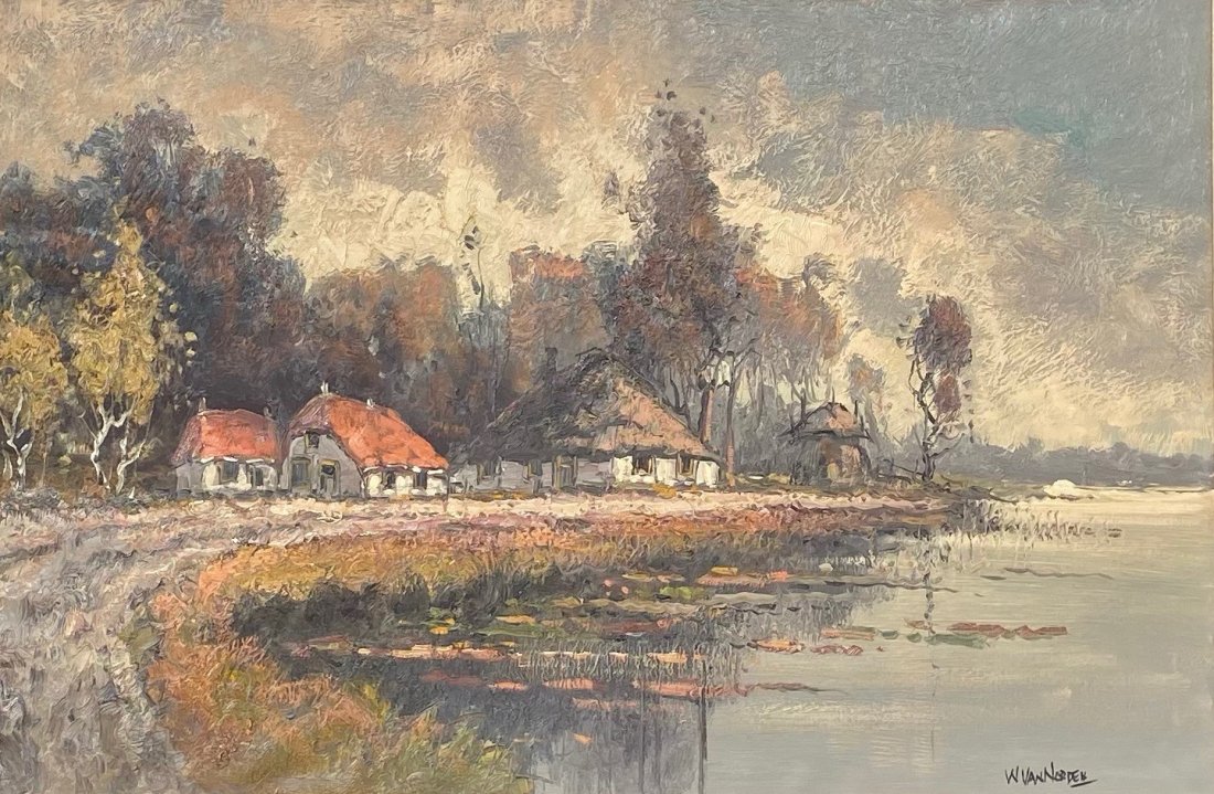 VIRGINIA VAN NORDEN (1905-1985, California) Landscape: Oil on canvas 24 x 30 in. Impressionist scene of a house on a lake. Signed
