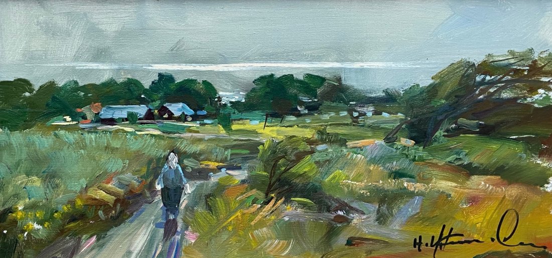 Impressionist Figure In Landscape, Signed Hubert: Oil on canvas 24 x 12 in., 19 1/4 x 17 1/4 in. (framed). Writing verso.