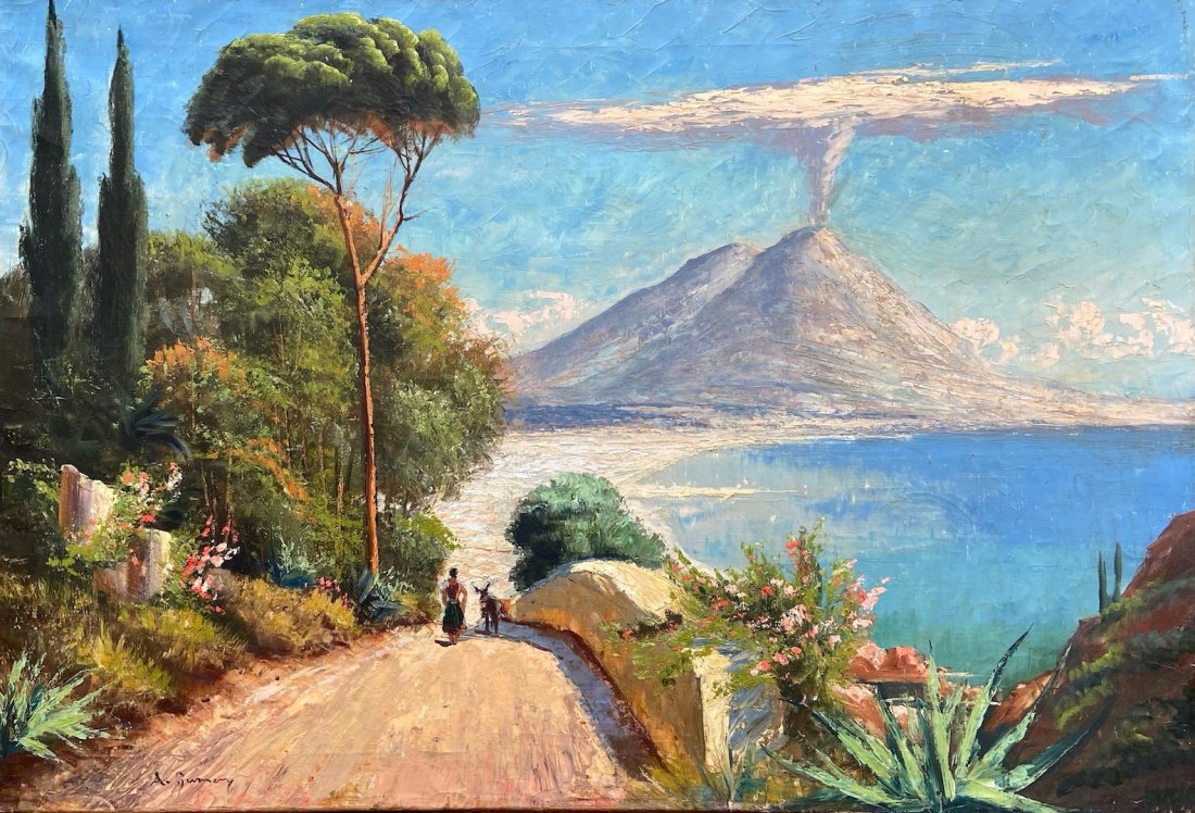 ADOLPHE GUMERY (1861-1943, France) Bay Of Naples: Oil on canvas 26 x 38 in. Amalfi Coast landscape with Mt. Vesuvius in the background.