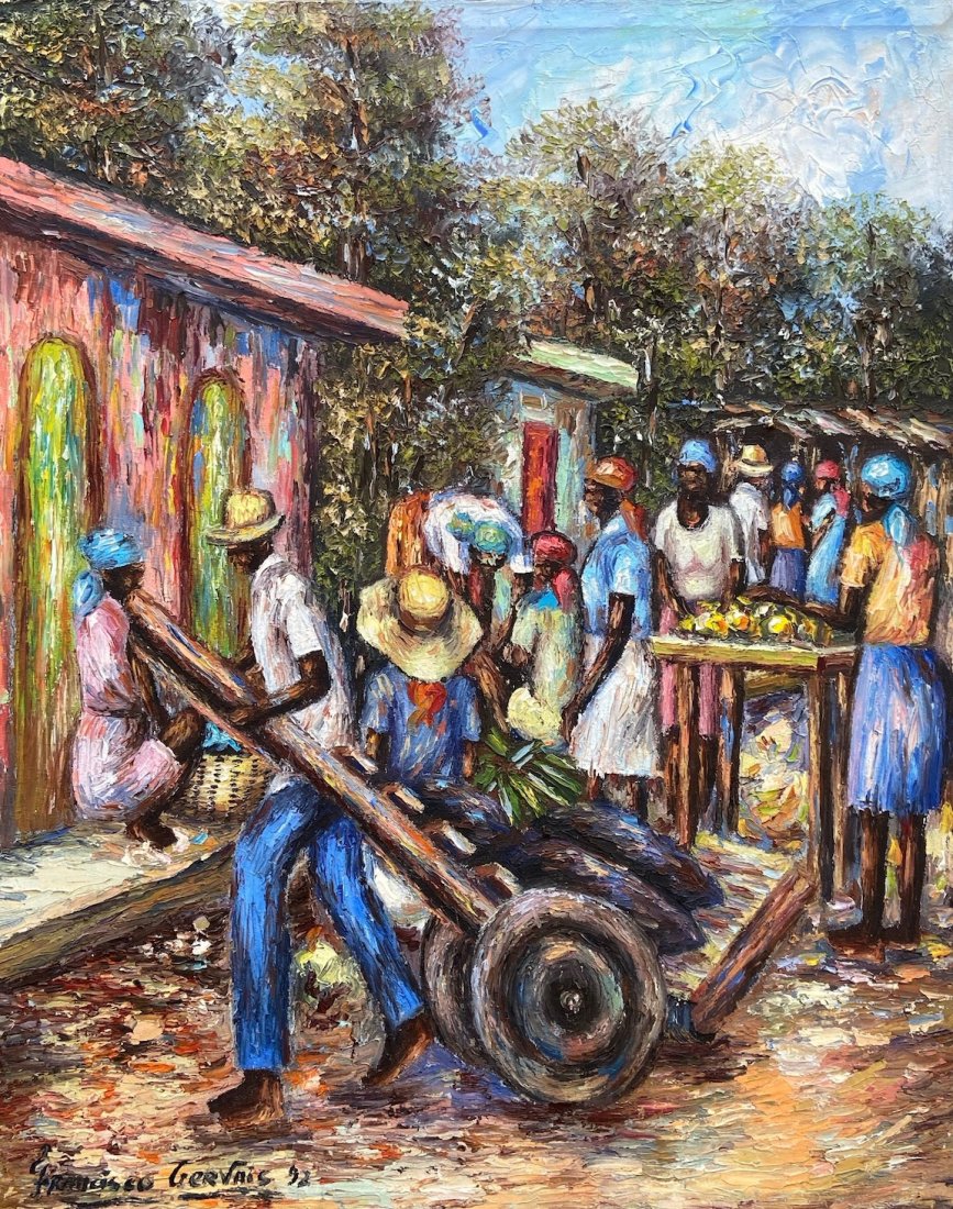 FRANCISCO GERVAIS (20th c, Haiti) Impressionist: Village scene. Oil on canvas 16 x 20 in. Born in Gros-Morne, Haiti. in the early 1980's, Gervais learned the fundamental principles of painting while working with the prominent impressionist artist, E