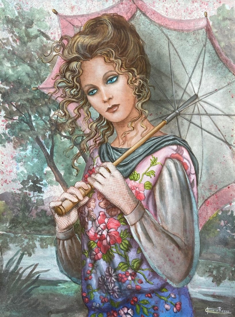 FRANCO ROSSO (1941-2016, Italy) Woman With Parasol: Oil on canvas 23 3/8 x 31 3/8 in.