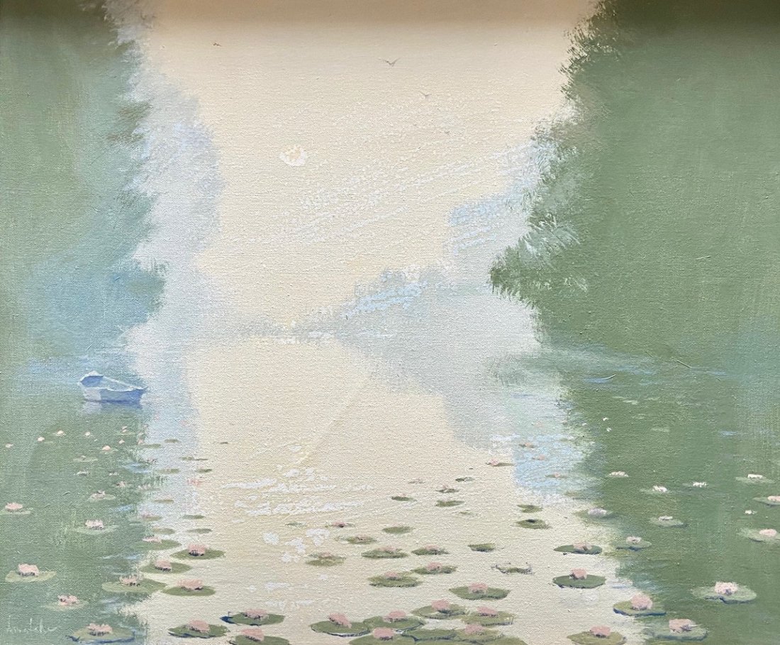 Impressionist Lake Scene, Illelgible Signature: Oil on canvas 24 x 20 in., 30 x 26 in. (framed)