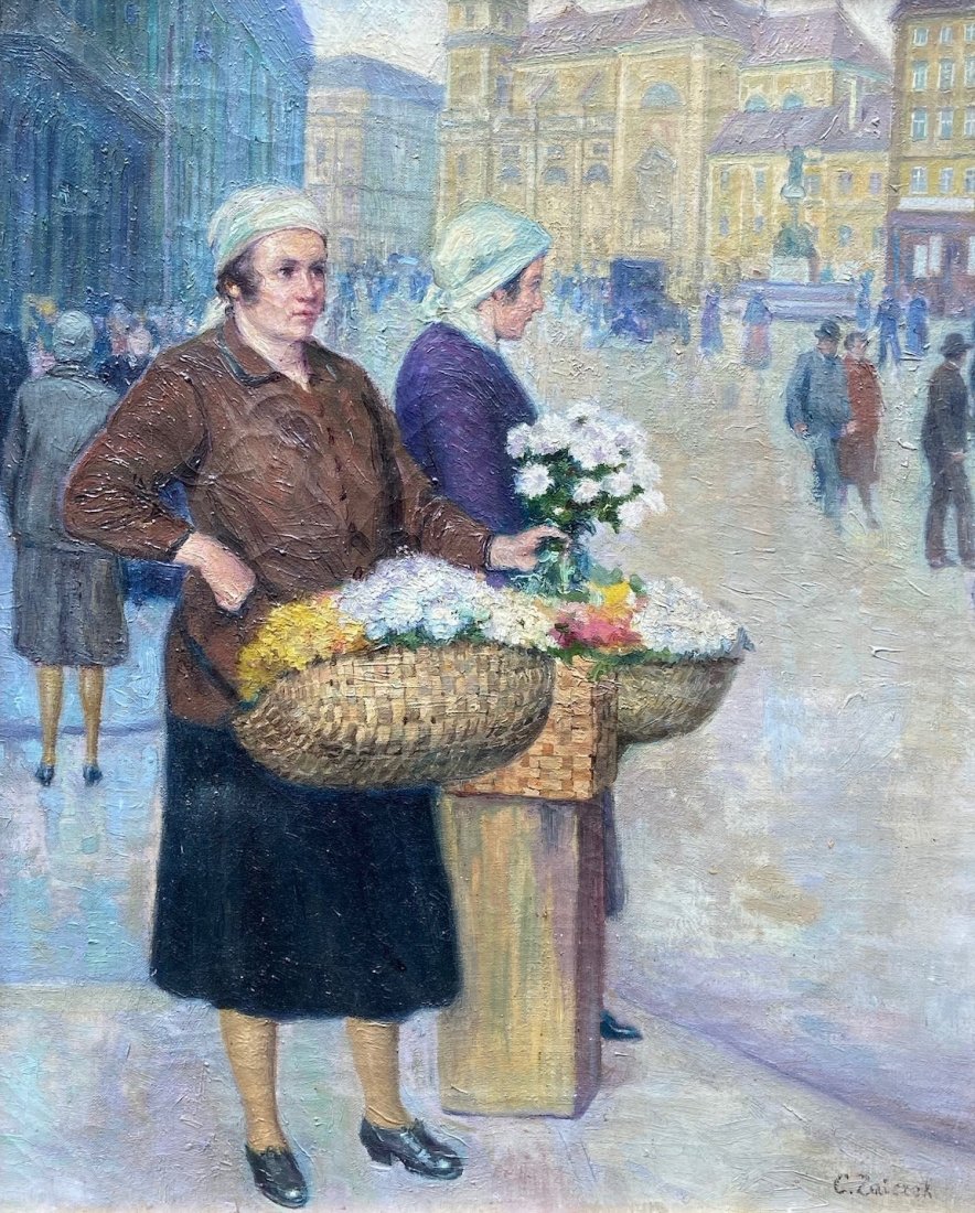 Flower Women, European Genre Scene, Signed: Oil on canvas 17 x 14 in., 19 1/2 16 1/2 in. (framed). Possibly Paris or Vienna.