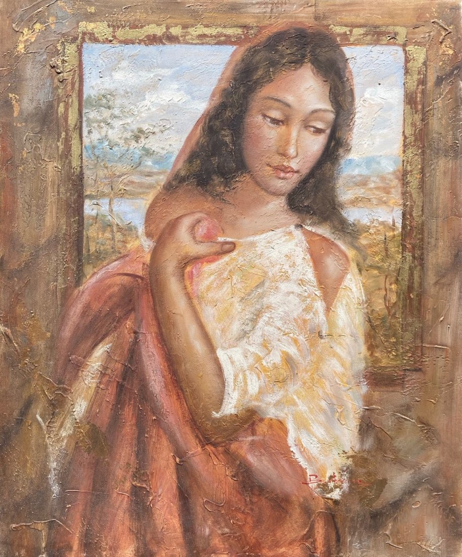 20th c Portrait Of An Italian Woman, Illegible Signture: Oil on canvas 24 x 20 in.