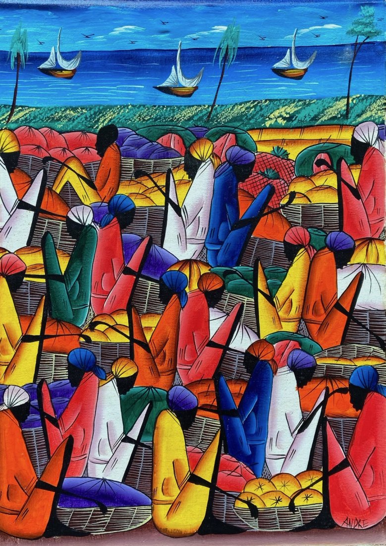 Modernist Colorful Haitian Paitiung Signed Andre: Oil on canvas 16 x 11 1/2 in.