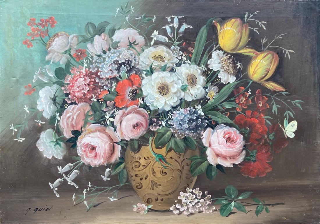 G. GUIDI. Italian Still Life Of Flowers: Oil on canvas 27 1/2 x 19 1/2 in.