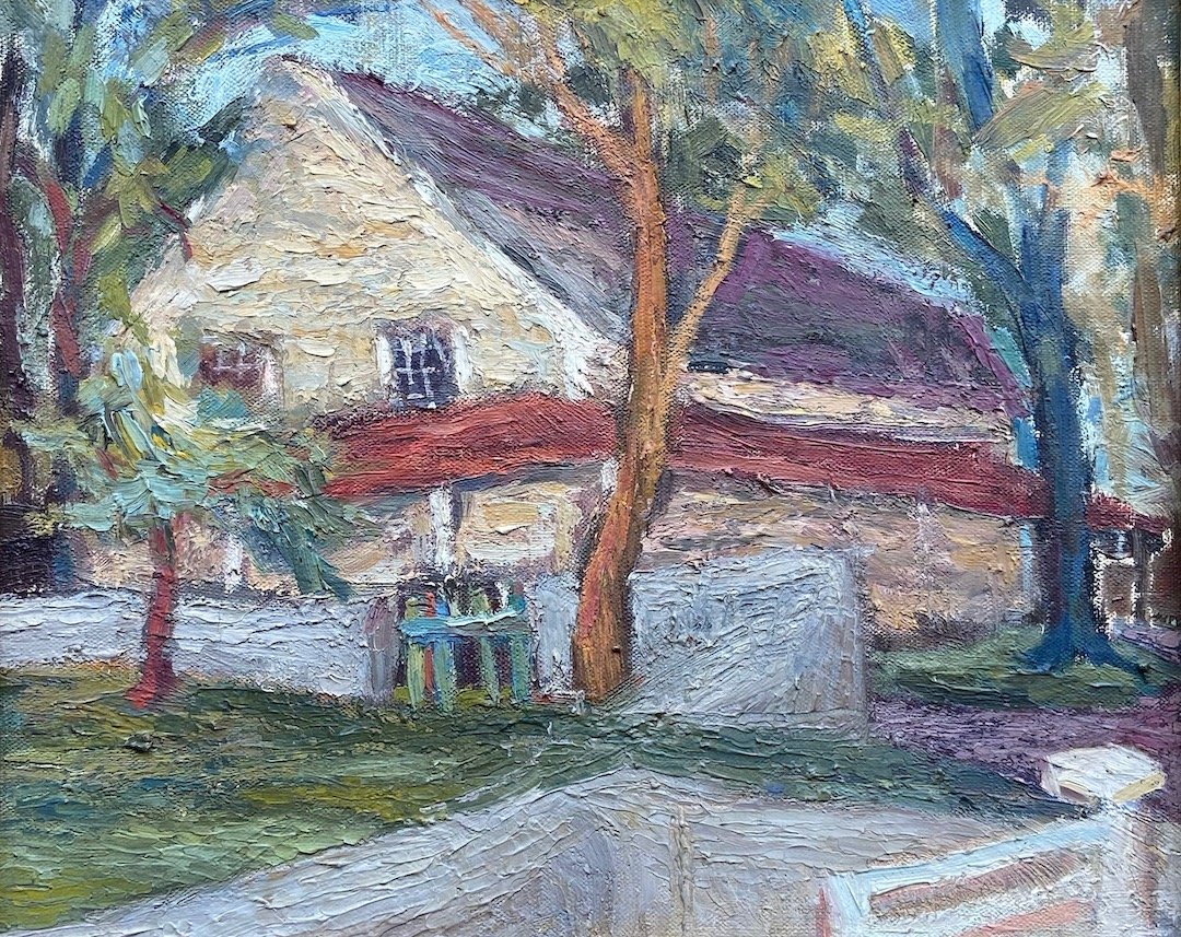 American Impressionist Landscape Of A House, Unsigned: Oil on canvas 12 x 10 in., 15 x 13 in. (framed)