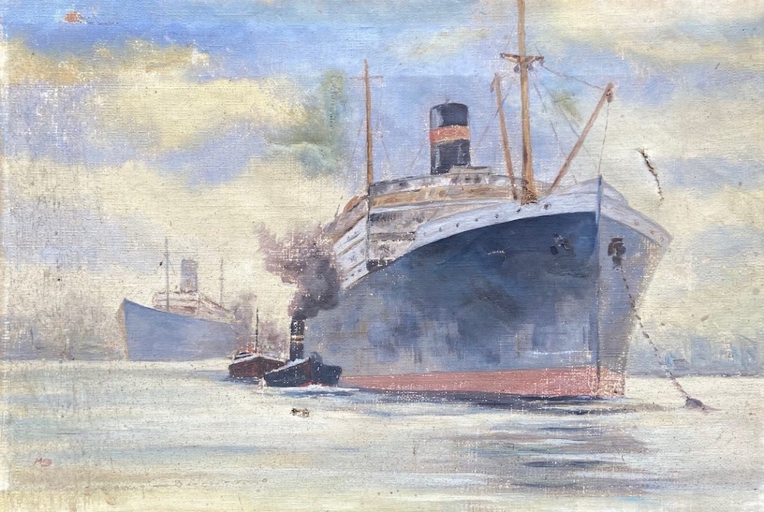 Impressionist Harbor Scene Of Tanker Ships, Monogrammed: Early 20th century. Oil on canvas 17 x 12 in., 21 x 14 in. (framed)