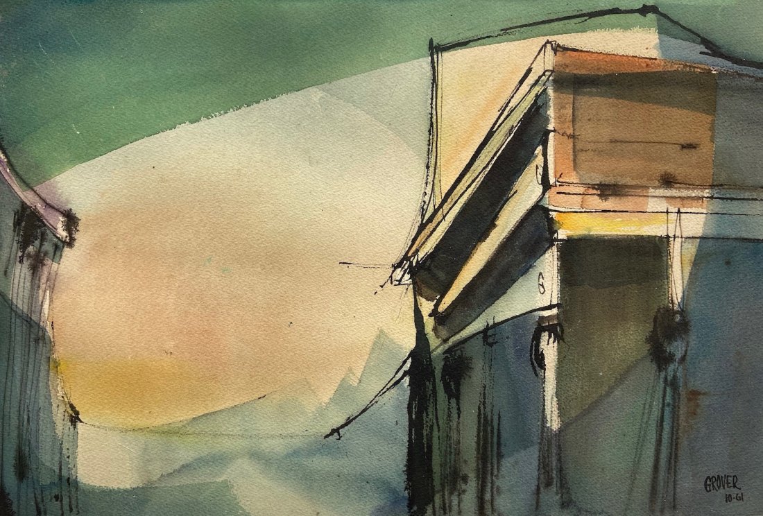 RUTH DENNIS GROVER (b. 1912, Oregon) Modernist: Watercolor on paper 22 1/4 x 15 1/2 in. An independent alternating between regional watercolor subject matter of documentary value and encaustic abstract expressionism, she was a native of Oregon who 