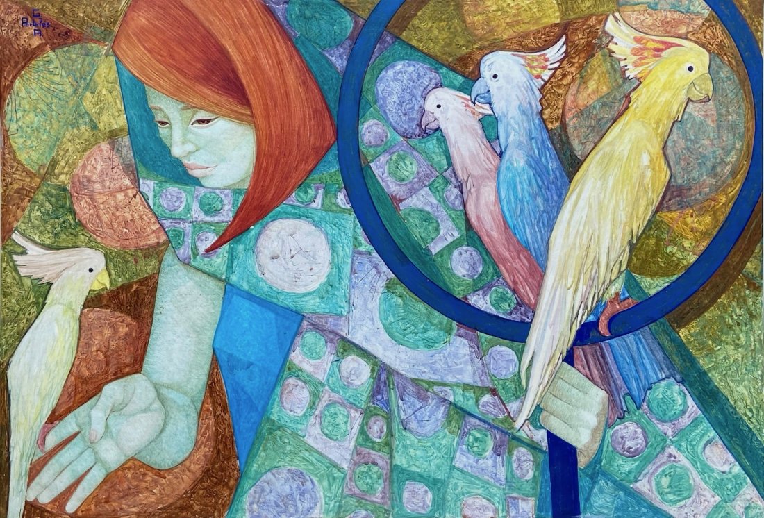 GABRIEL PORTOLES (b. 1930, Spain) Modernist: Gouache? On wood. 30 1/4 x 21 in., 33 x 23 1/2 in. (framed). Woman with parrot