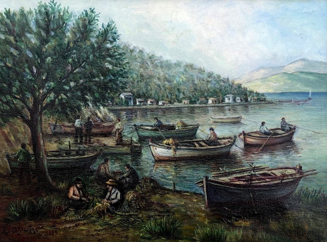 STRATIS AXIOTIS (1904-1994, Greece) Fishermen: He studied painting at the School of Fine Arts under Argyros Oumvertos, S. Vikatos and G. Kefallinos from 1929 to 1935. His themes revolve around the sea life, ports and fishermen. 16 x 12 (canvas). 2