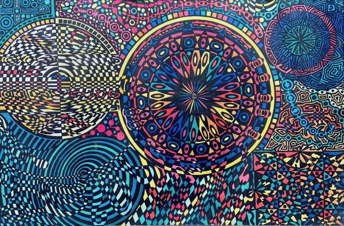 Modern Kaleidoscope Abstract, Marker On Paper: Marker on paper. Unknown artist. 30 x 20 in.