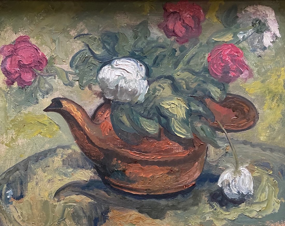 LEONARD MARION BAHR (1905-1990, Maryland) Modernist: Oil on masonite. Still life of flowers in kettle. 230 x 16 in., 23 1/2 x 19 1/2 in. (framed). The following information is from Mary Bahr, daughter of the artist:Leonard Marion Bahr b: May 12, 1905 d: