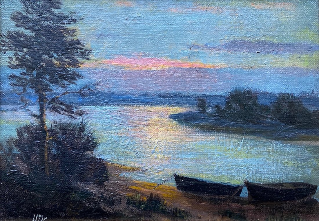 Impressionist Lake Landscape Illegible Signature Stamp: Import stamp verso. Oil on canvas 11 1/4 x 8 1/4 in., 16 1/2 x 13 1/4 in. (framed)