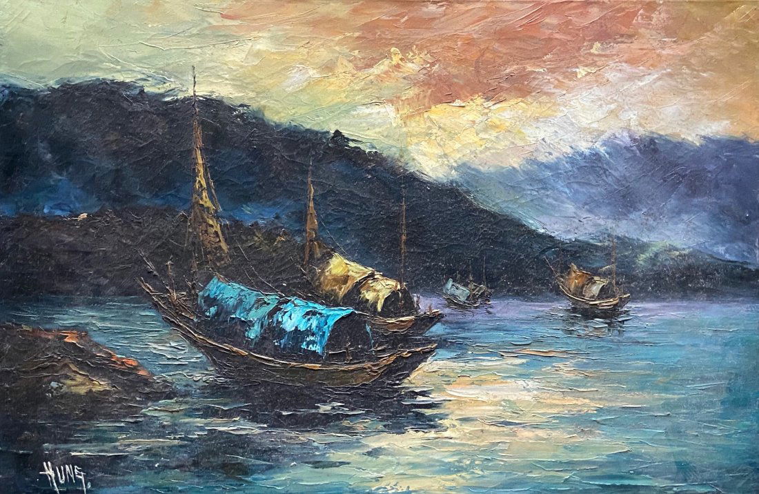 Impressionist Vietnamese Harbor Scene Signed Hung (1 of 4)