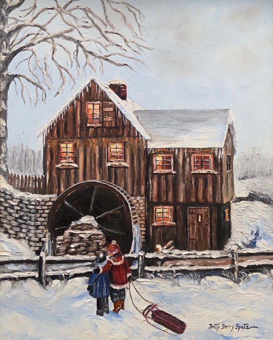 BETTY BARRY SPATZ (1930-2018, Pennsylvania) Old Mill: Oil on canvas board 20 x 16 in., 25 x 21 in. (framed). The following is her obituary:Betty (Berry) Spatz, 88, of Limekiln, PA, passed away, Thursday, June 14, 2018 in her home. Her husband, Reginald R