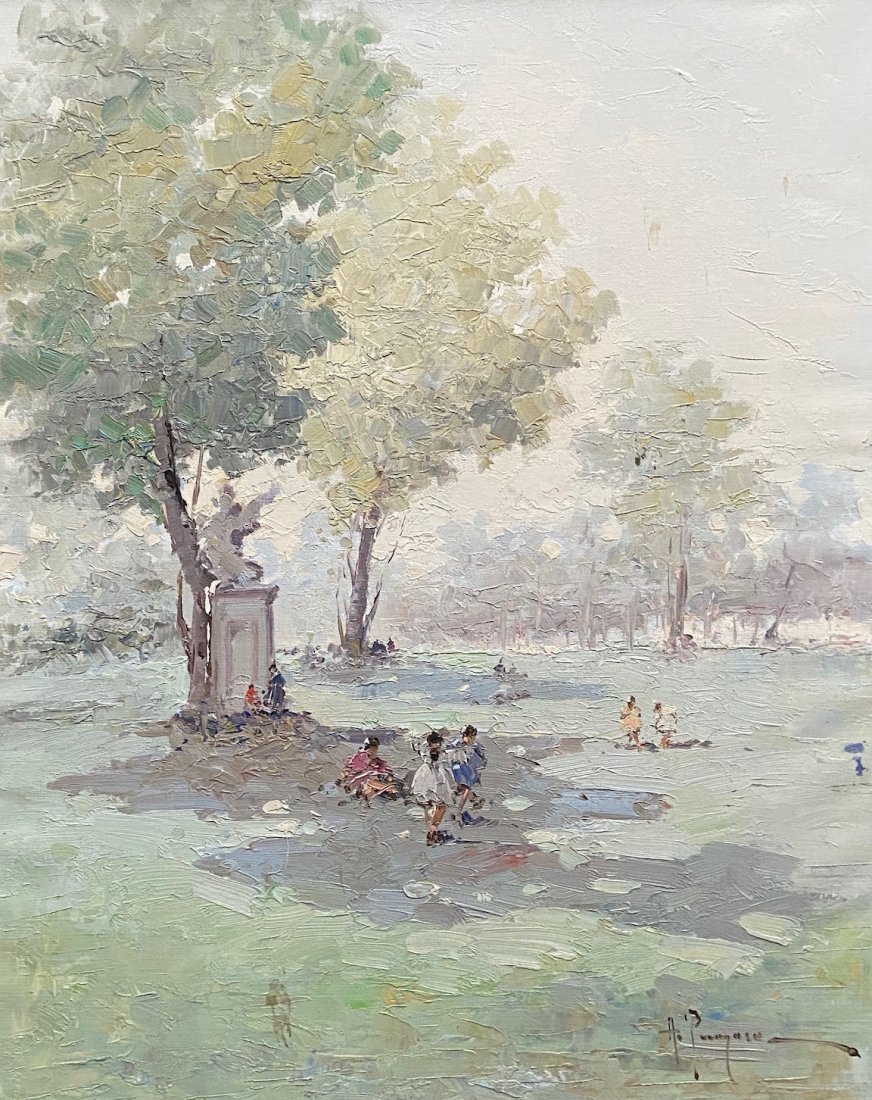 ANTONIO PECORARO (b.1938, Italy) Figures In Landscape: Oil on canvas 30 1/2 x24 1/4 in., 38 x 32 in. Listed artist Antonio Pecoraro was born in New York City in 1938 and grew up in Naples, Italy. Encouraged by his parents, Pecoraro attended the Naples Fin