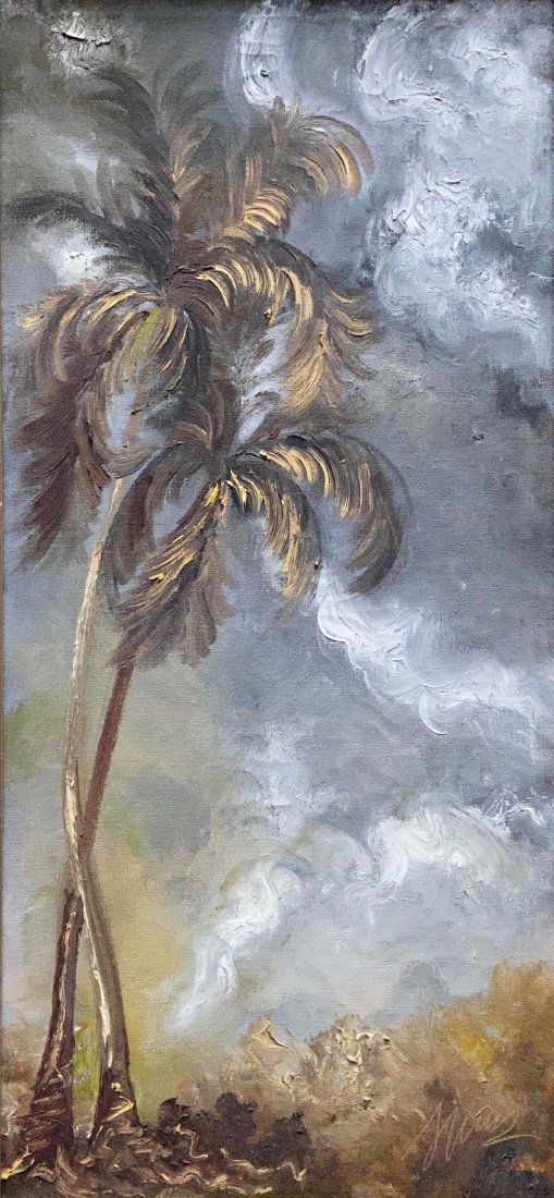 LUDWIG JANSEN (20th c, Sweden) Palm Tree, Leter Verso: Oil on canvas 26 x 12 in., 29 x 15 in. (framed)