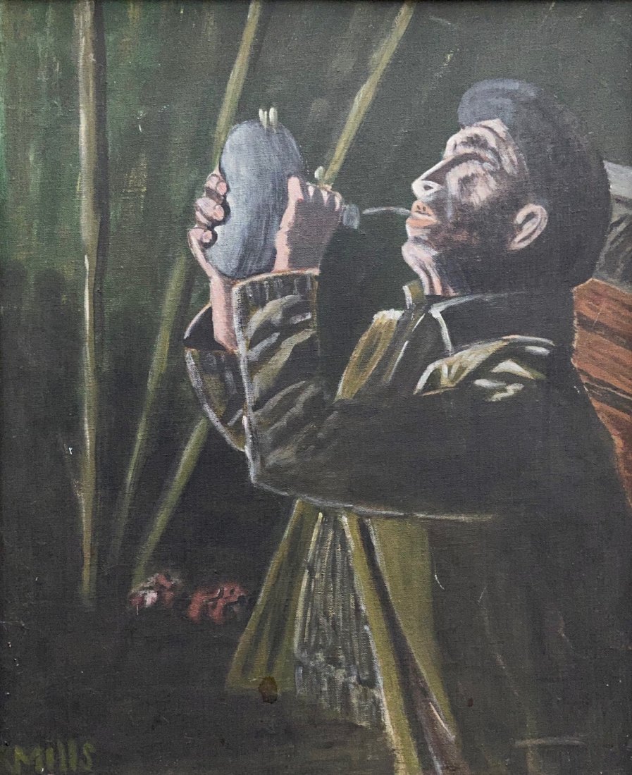 WPA Era Portrait Of Man Drinking From Canteen, Signed: Oil on board 20 x 16 in., 24 x 20 in. (framed)