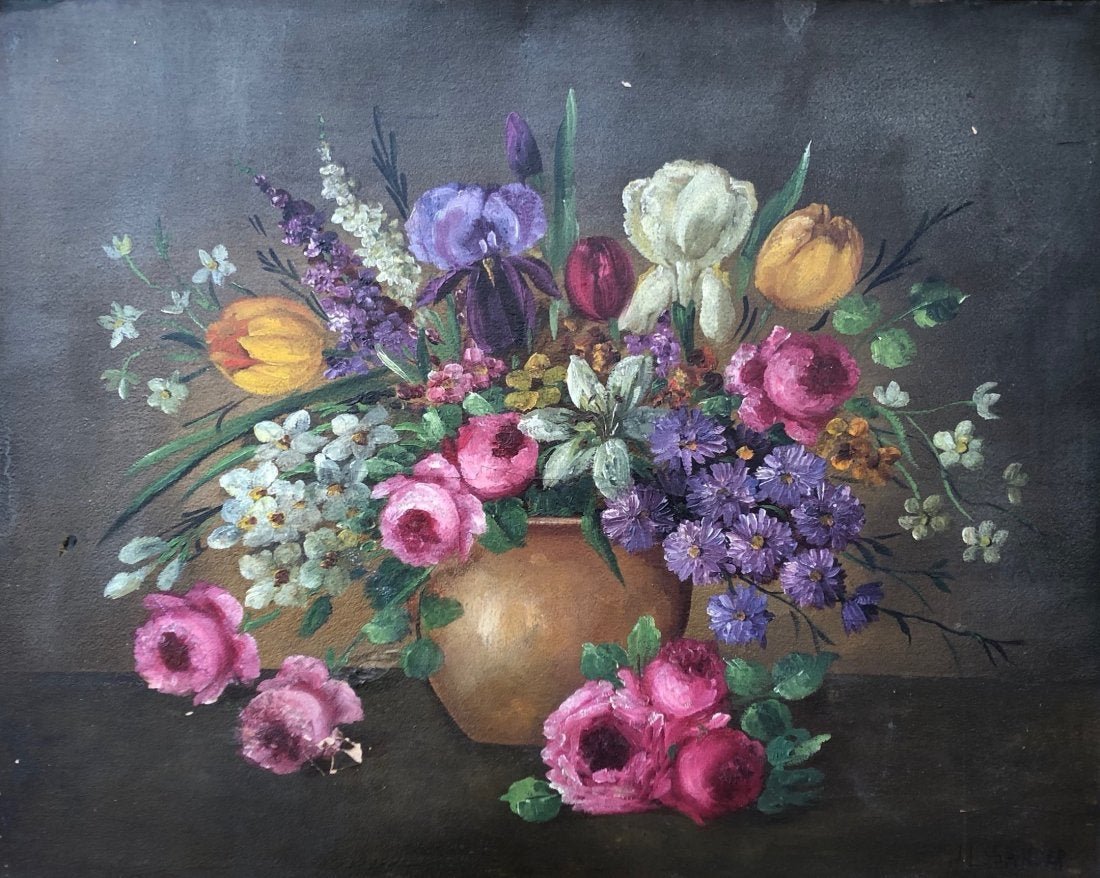HENRY LEON SANGER (1892-1949, Massachusetts) Flowers: Still life. Oil on board. 30 x 23 1/2 in. (framed), 24 1/2 x 28 1/2 in. (board). Son of Henry and Agnes Sanger.WWI Registration Born May 13, 1892 lives in Hopkinton, Mass. Occ given as painter, Hopeda