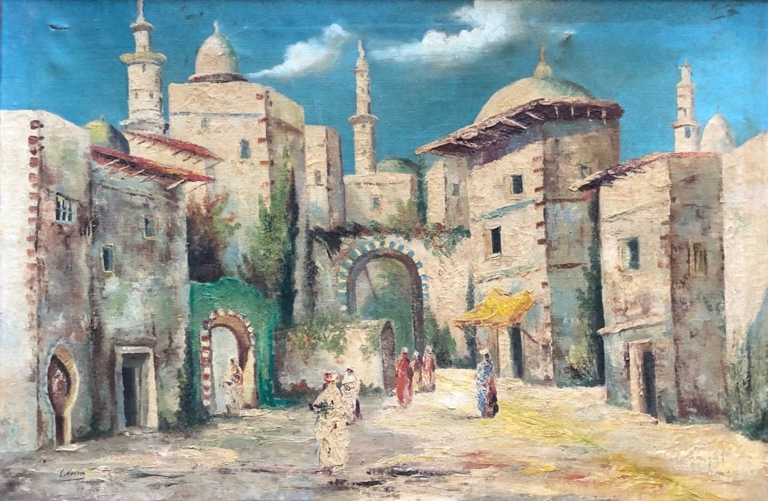 Orientalist Impressionist Street Scene Mosques Signed: Oil on canvas 36 x 24 in., 39 1/2 x 27 1/2 in. (framed)