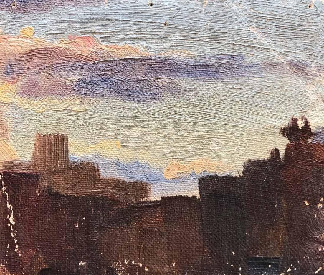 Impressionist Landscape Of Cliffs, Unsigned: Oil on loose canvas 5 1/4 x 4 1/2 in.